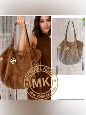 Michael Kors Brown boho Suede Shoulder Tote with Gold MK Charm